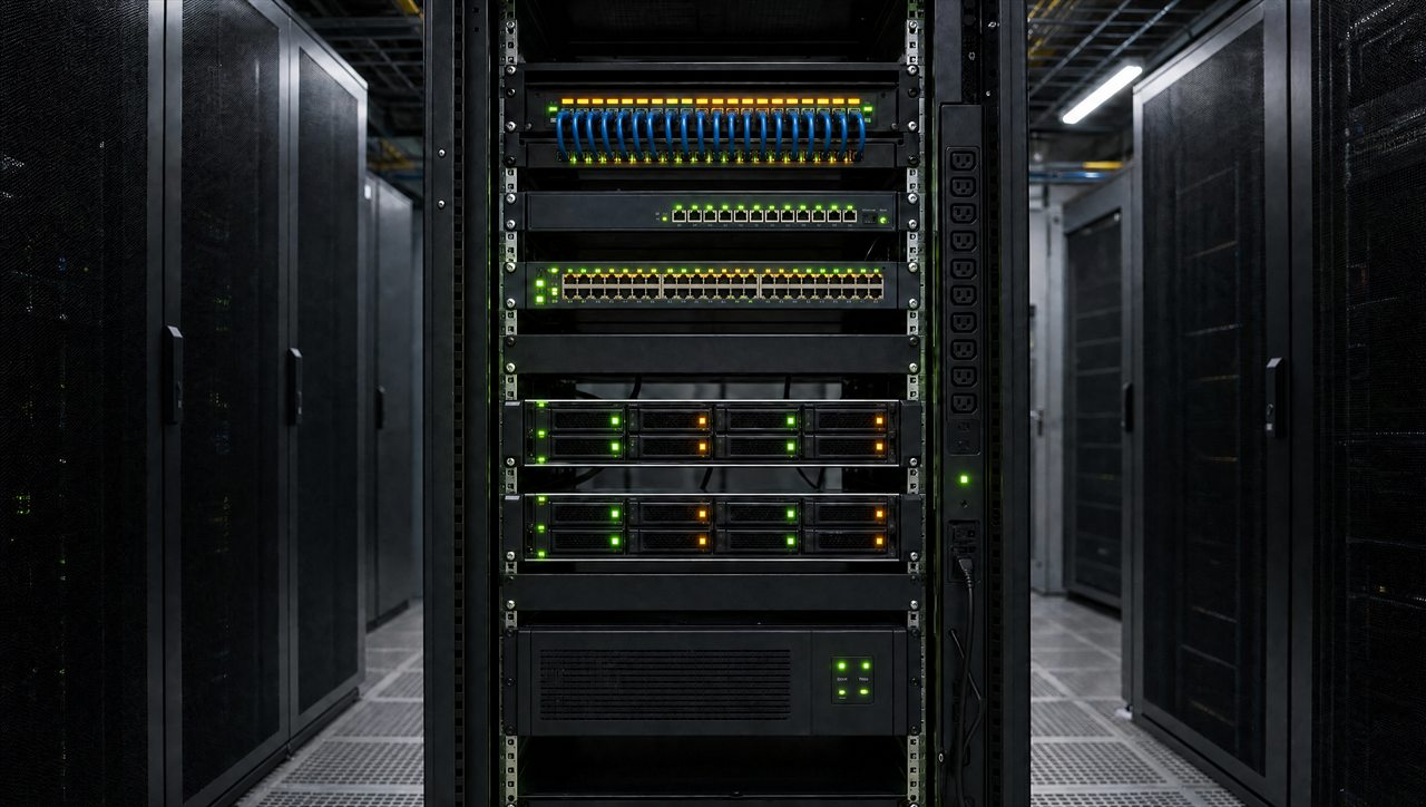 Network switches, patch panels, and rack-mounted servers with status indicators lit