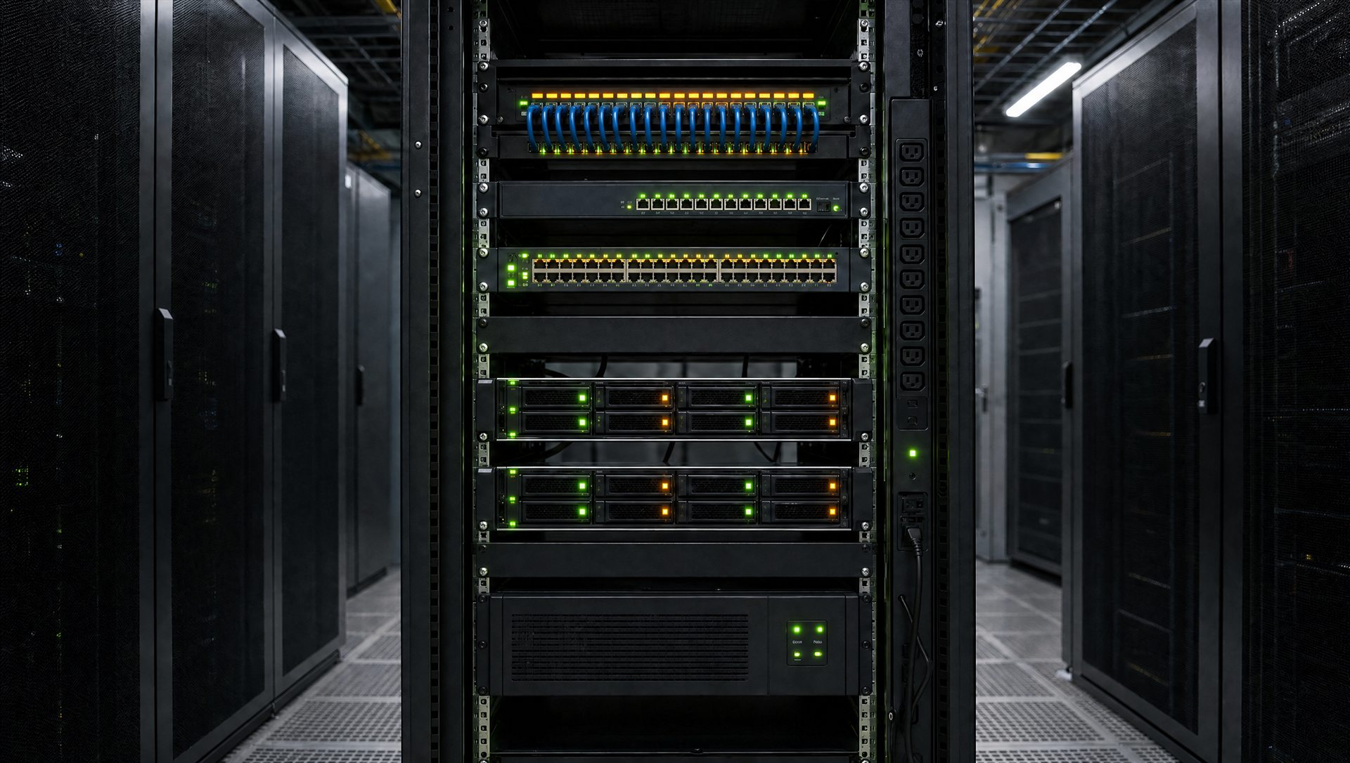 A network rack of switches, patch panels, and servers with status lights lit in a data center aisle
